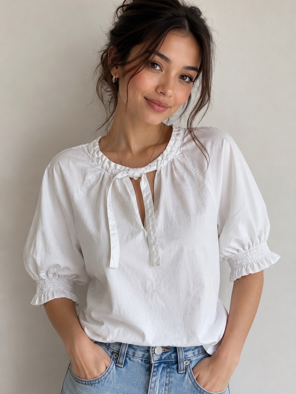 EVEREVE White Peasant Blouse Medium Tie Neck Puff Sleeve Top